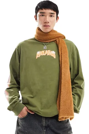 Reclaimed Long sleeve skate t-shirt with logo and tattoo back graphic in khaki