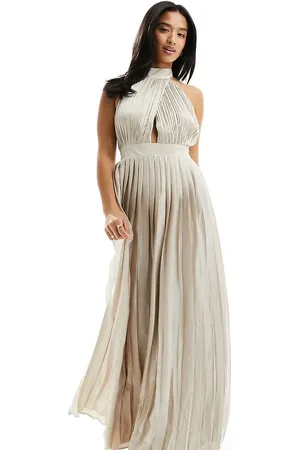 TFNC Bridesmaid satin pleated halterneck maxi dress with full skirt in champagne