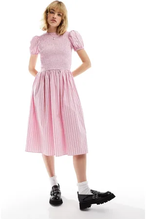 Glamorous Drop waist shirred midi dress in red stripe