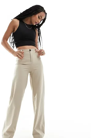 Bershka Petite wide leg slouchy dad tailored trousers in camel