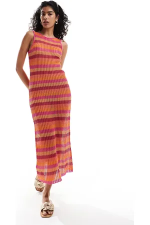 MANGO Crochet stripe midi dress in pink and