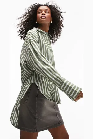 Topshop Oversized stripe shirt in green and off white
