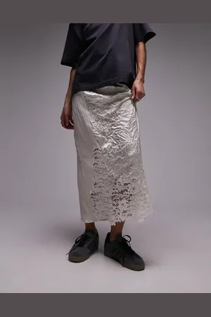 Topshop Crinkle satin lace patchwork midi skirt in ivory