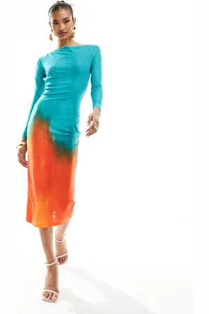 Farai London Alamea mesh backless long sleeve bodycon midi dress in blue and orange ombre