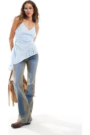 Reclaimed Longline top with asymmetric hem with lace panels in baby blue