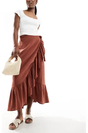 New Look Wrap ruffle midi skirt in teracotta
