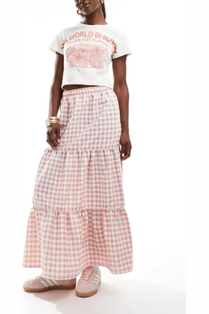 Miss Selfridge Tiered maxi gingham skirt in pink