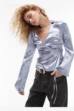 Topshop Textured satin wrap blouse in pale