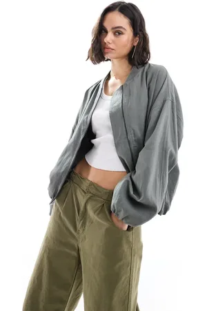 Pull&Bear Oversized linen look bomber jacket in dark khaki
