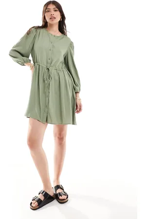 VILA Linen touch tie waist mini dress in khaki