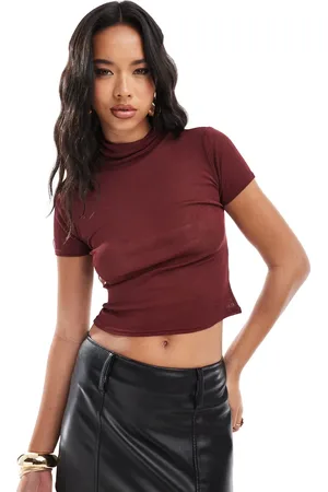Kaiia Mesh roll neck fitted short sleeve top in burgundy