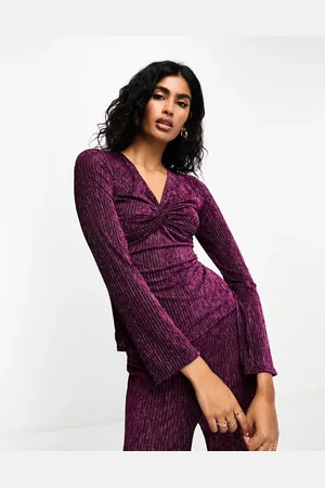 Closet Metallic plisse blouse co-ord with ruch detail in raspberry