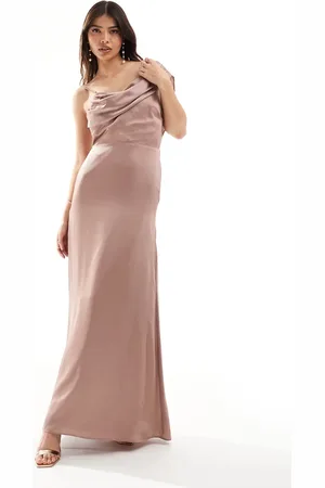 TFNC Bridesmaid satin one shoulder drape maxi dress in rose