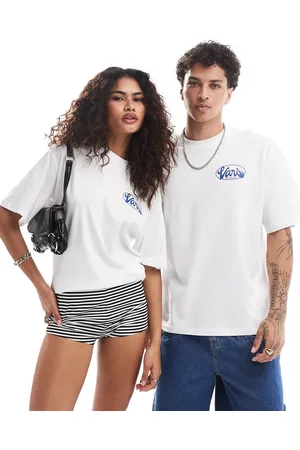 Vans Global line shot sleeve back print t-shirt in white and blue