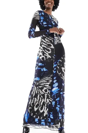 VERO MODA Long sleeved lettuce edge mesh maxi dress in abstract butterfly print