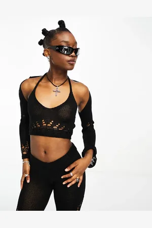 The Kript Halter neck shrug detail open knit crop top co-ord