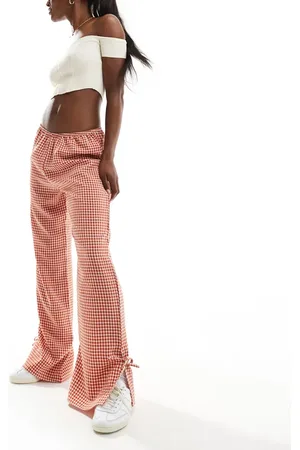 Miss Selfridge Pull on cotton poplin wide leg gingham trouser with tie side detail in rust