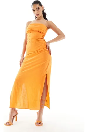 Kaiia Linen look ruched bandeau maxi dress in