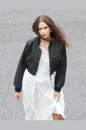 ASOS Washed cropped leather look bomber jacket in