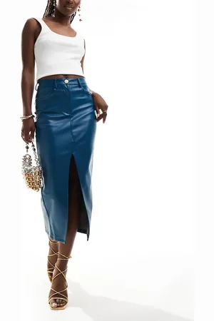 Style Cheat Leather look midi skirt with split front in