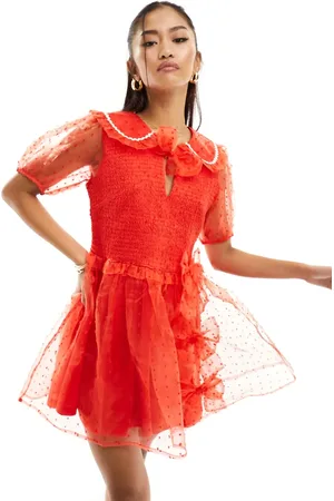 Neon Rose Shirred bust dobby tulle mini dress in