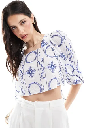 ONLY Cropped embroidered woven top with tie back in