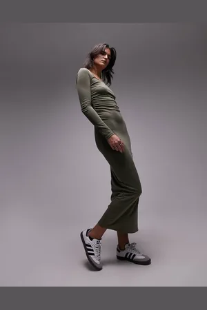 Topshop Long sleeve super soft midi dress in khaki