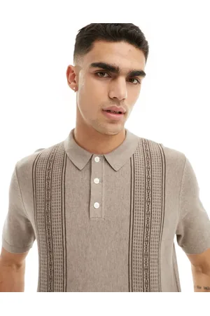 Abercrombie & Fitch Front blocked stripe knit polo in tan