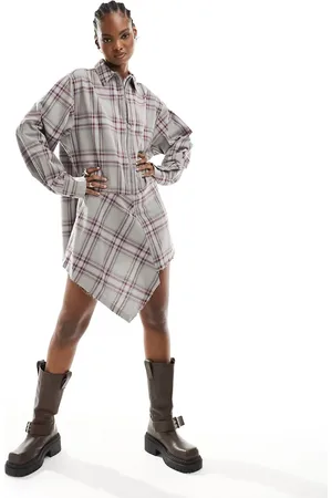 COLLUSION COLLLUSION asymmetric mini shirt dress in check