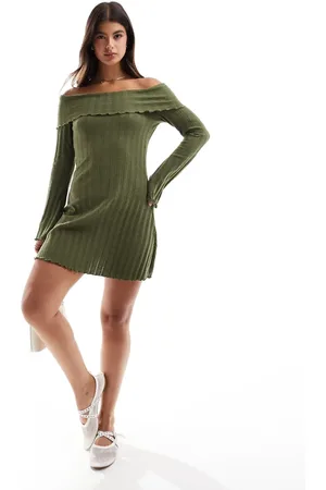 Pieces® Off the shoulder ribbed mini dress with lettuce edge detail in khaki