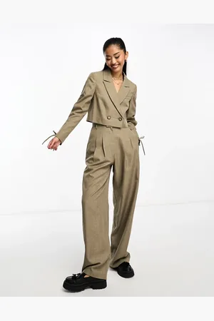 Miss Selfridge Tailored slouchy wide leg trouser in khaki fleck