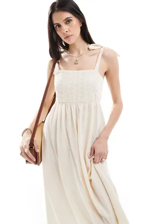 VILA Broderie tie strap cami midi dress in cream
