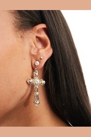 ASOS Drop earrings with faux pearl cross design in tone