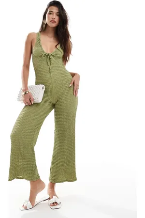 ASOS Scoop neck tie front racer jumpsuit in olive