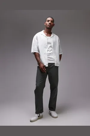 Topman Short sleeve relaxed linen blend geo shirt in green