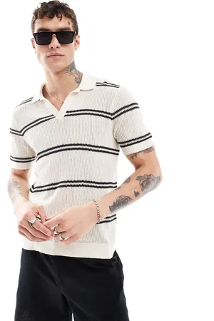 Abercrombie & Fitch Breezy open collar stripe knit polo in cream