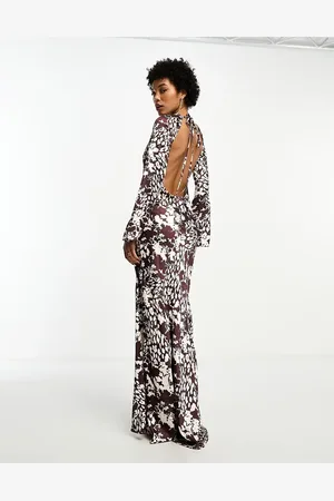 DAY 6 Flared sleeve low back maxi dress in chocolate animal print