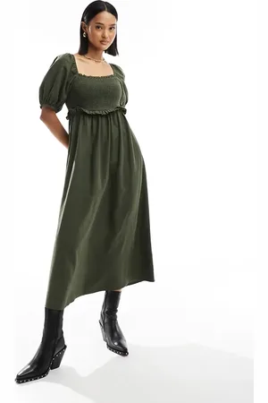 New Look Shirred puff sleeve linen blend midi dress in khaki
