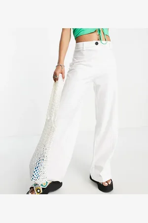 Bershka Petite wide leg slouchy dad tailored trousers in off