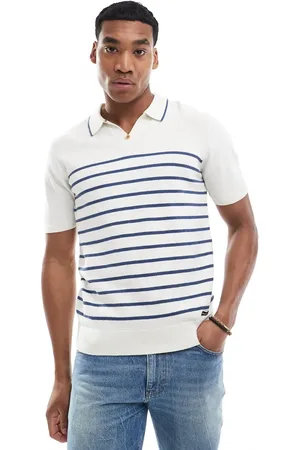 Threadbare Knitted trophy neck stripe polo in ecru & blue