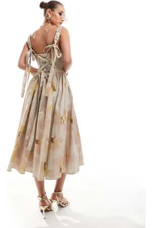 ASOS Lace up corset midi dress with full skirt in floral print