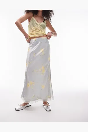 Topshop Satin lace trim midi skirt in grey and yellow rose