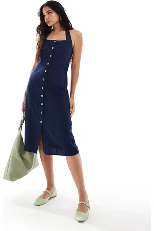VERO MODA Buttondown linen touch halter midi dress in