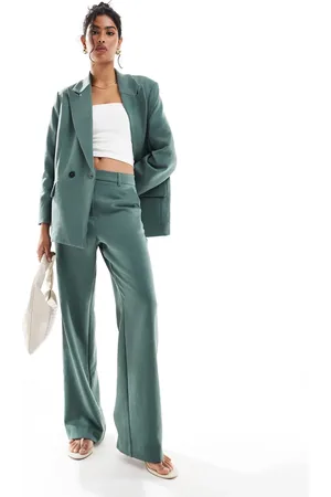 VERO MODA Tailored herringbone wide leg co-ord trousers in dark forest