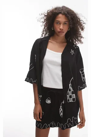 Topshop Co-ord corded conversational print shirt in mono