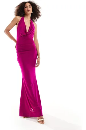 Murci Deep cowl neck fishtail maxi dress in fuchsia