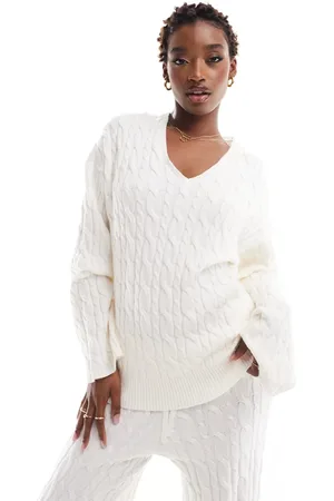 NA-KD V neck cable knit sweater co-ord in off