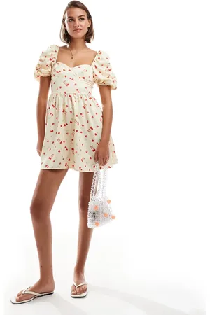 Miss Selfridge Satin corset puff sleeve mini dress in cherry print