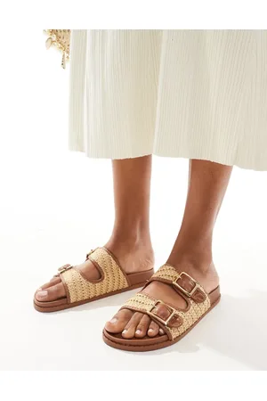 New Look Double strap sandal with raffia in tan
