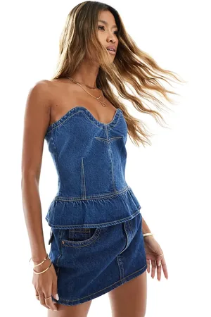 In The Style Denim sweetheart bandeau peplum corset top in dark